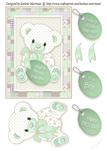 Patchwork Teddy Baby Boy Card Topper - Green