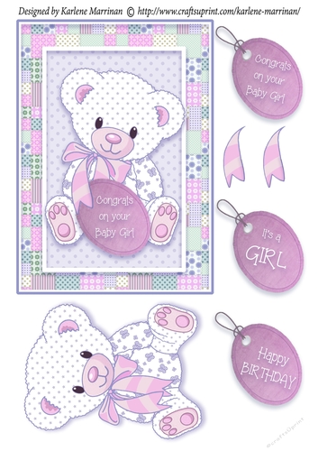 Patchwork Teddy Baby Girl Card Topper - Pink