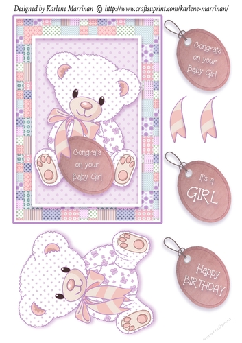 Patchwork Teddy Baby Girl Card Topper - Peach