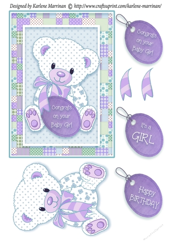Patchwork Teddy Baby Girl Card Topper - Purple