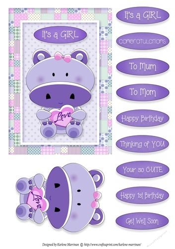 Hippo Love - Card Topper - Girl - Purple