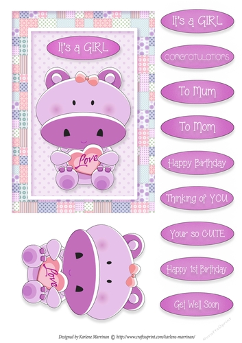 Hippo Love - Card Topper - Girl - Pink