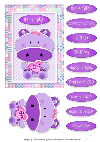 Hippo Love - Card Topper - Girl - Magenta