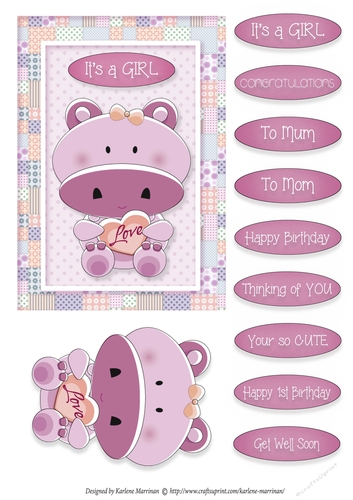 Hippo Love - Card Topper - Girl - Rose Pink