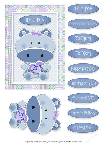 Hippo Love - Card Topper - Boy - Blue