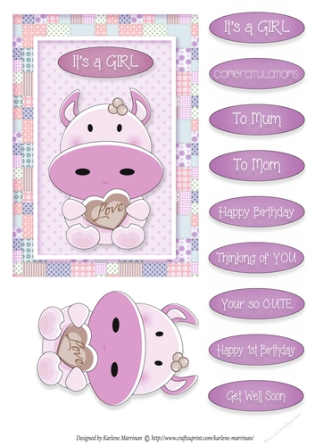 Moo Cow Love - Card Topper - Girl - Pink