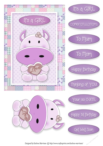Moo Cow Love - Card Topper - Girl - Magenta