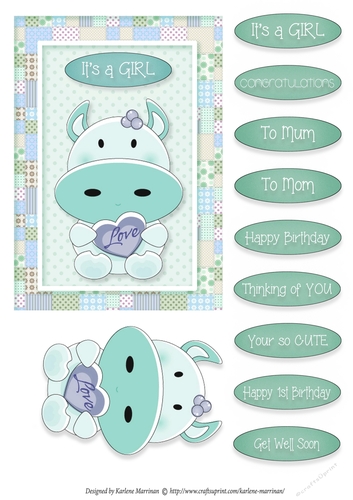 Moo Cow Love - Card Topper - Girl - Turquoise