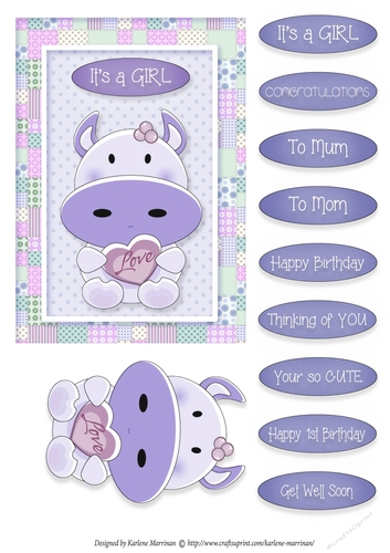 Moo Cow Love - Card Topper - Girl - Purple