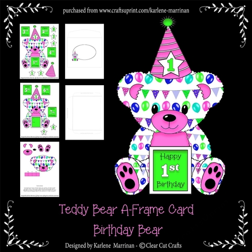 Teddy Bear Birthday Age Card - Pink & Green