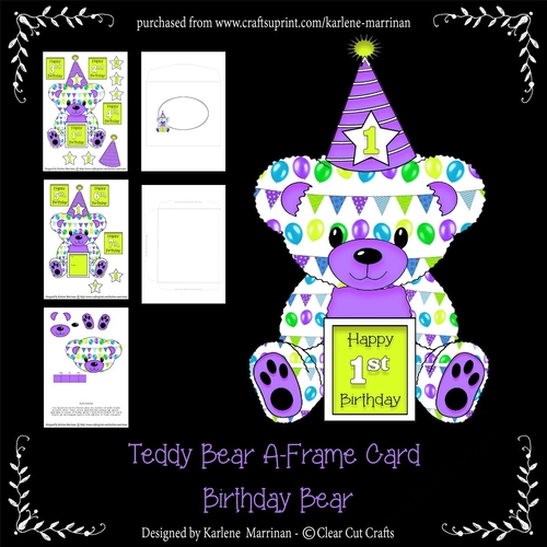 Teddy Bear Birthday Age Card - Purple & Green
