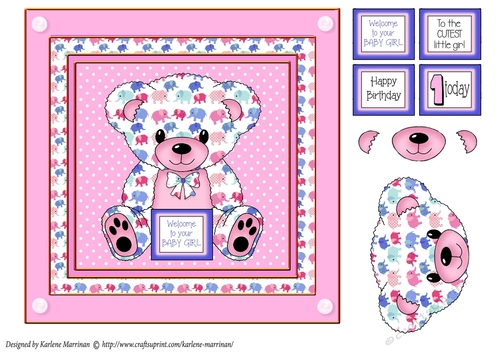 Elephant print Teddy Bear in Frame Card Topper - Pink Girl