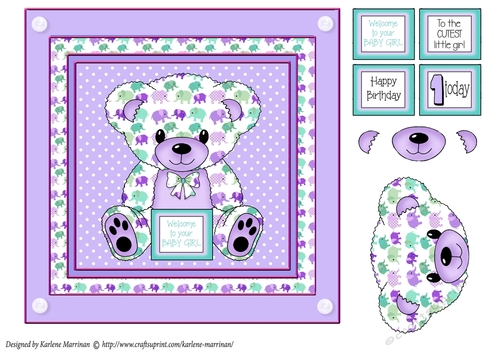Elephant print Teddy Bear in Frame Card Topper - Mauve Girl