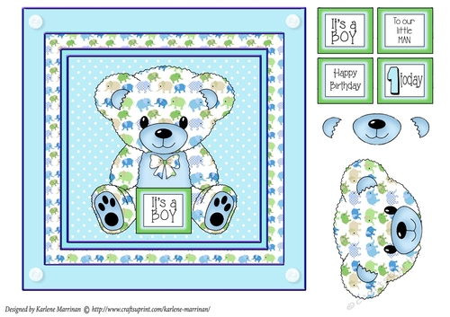 Elephant print Teddy Bear in Frame Card Topper - Blue Boy