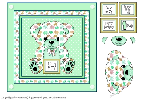 Elephant print Teddy Bear in Frame Card Topper - Green Boy