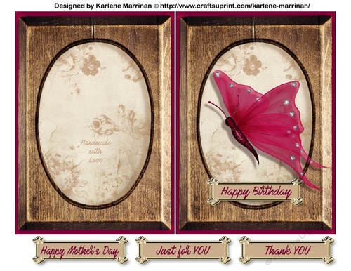 Wood Frame Series Card - Pink In Flight Butterfly