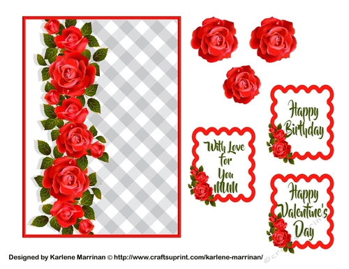Roses on Gingham Card Topper - Red