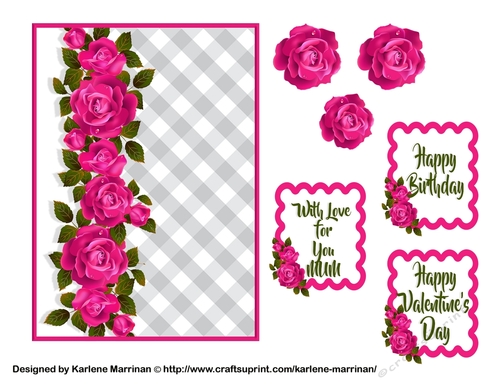 Roses on Gingham Card Topper - Hot Pink