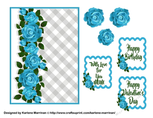 Roses on Gingham Card Topper - Turquoise