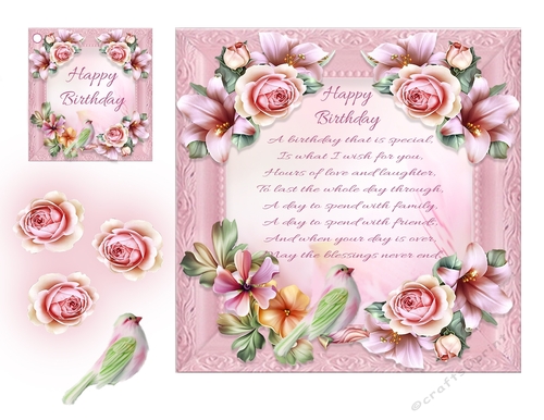 Birthday Rose & Bird Card Topper & Gift Tag