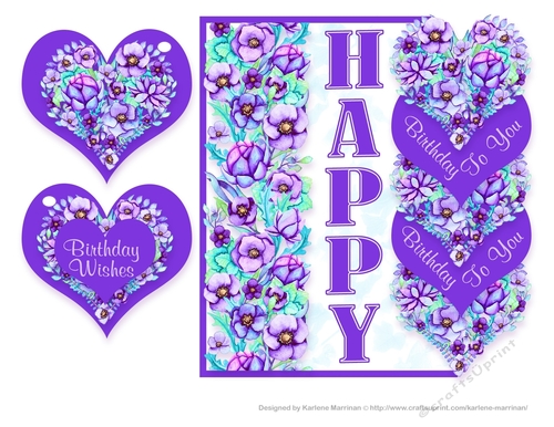 Bright Birthday Heart card Topper and Gift Card. - Purple