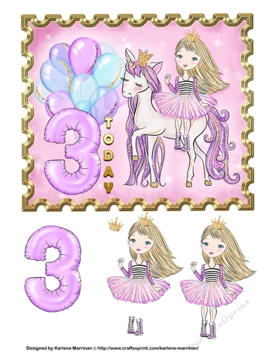 Pretty Unicorn Princess Card Topper - Age 3