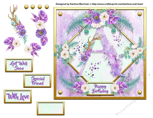 Metallic Gold & Mauve Boho Style Floral Alphabet Card Topper - A