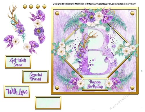 Metallic Gold & Mauve Boho Style Floral Alphabet Card Topper - B