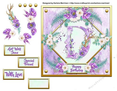 Metallic Gold & Mauve Boho Style Floral Alphabet Card Topper - D
