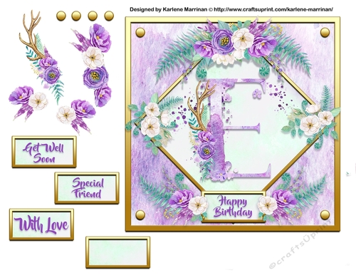 Metallic Gold & Mauve Boho Style Floral Alphabet Card Topper - E