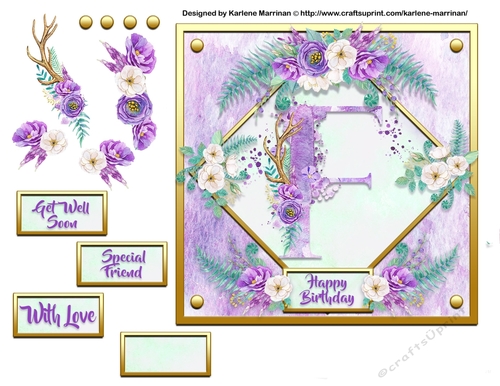 Metallic Gold & Mauve Boho Style Floral Alphabet Card Topper - F