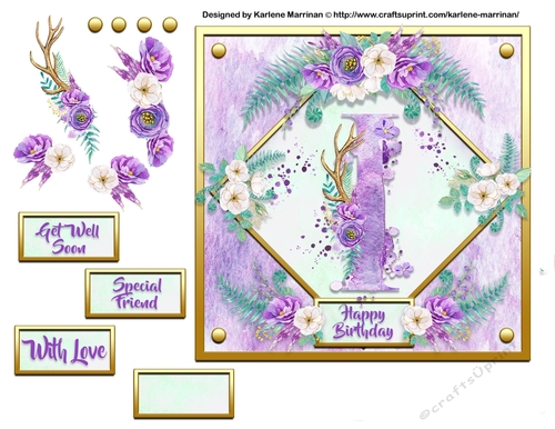 Metallic Gold & Mauve Boho Style Floral Alphabet Card Topper - I