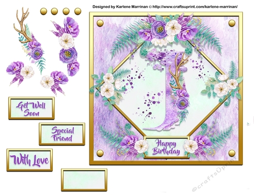 Metallic Gold & Mauve Boho Style Floral Alphabet Card Topper - J
