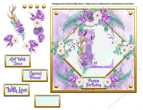 Metallic Gold & Mauve Boho Style Floral Alphabet Card Topper - L