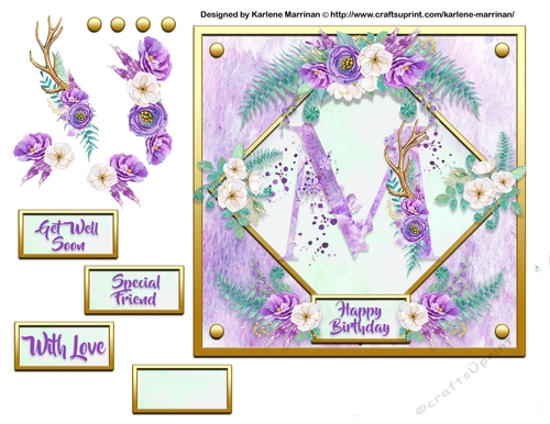 Metallic Gold & Mauve Boho Style Floral Alphabet Card Topper - M