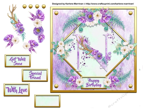 Metallic Gold & Mauve Boho Style Floral Alphabet Card Topper - N