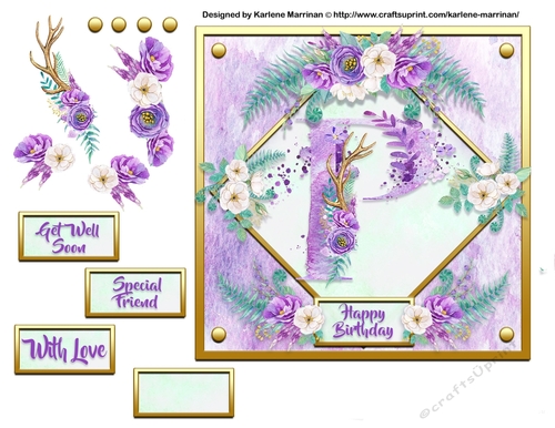 Metallic Gold & Mauve Boho Style Floral Alphabet Card Topper - P