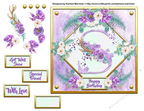 Metallic Gold & Mauve Boho Style Floral Alphabet Card Topper - S