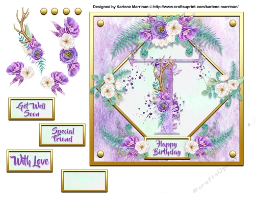 Metallic Gold & Mauve Boho Style Floral Alphabet Card Topper - T