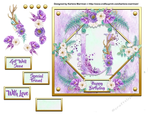 Metallic Gold & Mauve Boho Style Floral Alphabet Card Topper - U