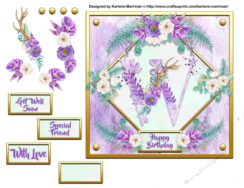 Metallic Gold & Mauve Boho Style Floral Alphabet Card Topper - W