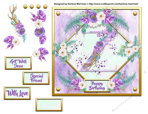 Metallic Gold & Mauve Boho Style Floral Alphabet Card Topper - Z