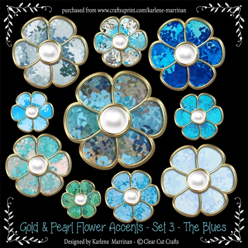 Gold Bevelled Flowers and Pearl Centres - Set 3 - The Blues