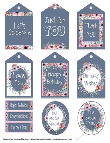Floral Tags and Sentiments on Denim Blue Gift Tags