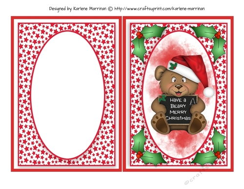 Christmas Red Oval Front Card Topper  & Inner - Teddy Bear