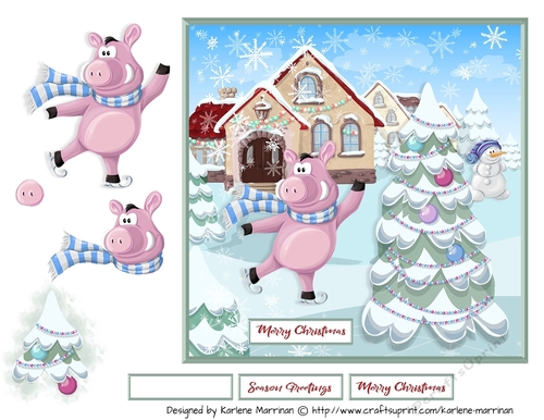 Christmas Pig on Skates Card Topper