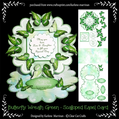 Butterfly Wreath -  Green - Scalloped Easel Card
