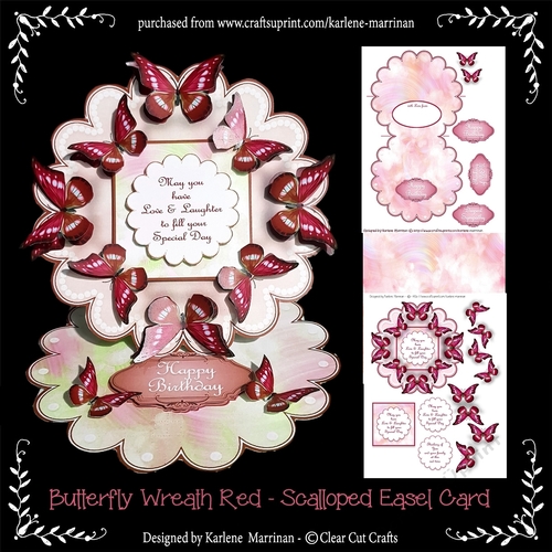Butterfly Wreath -  Red - Scalloped Easel Card
