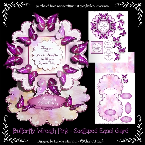 Butterfly Wreath -  Pink - Scalloped Easel Card