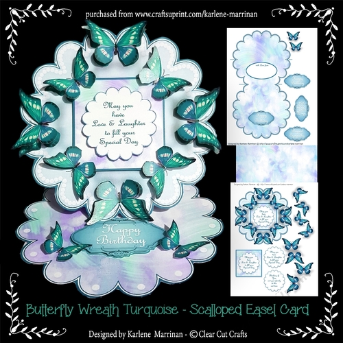 Butterfly Wreath -  Turquoise - Scalloped Easel Card